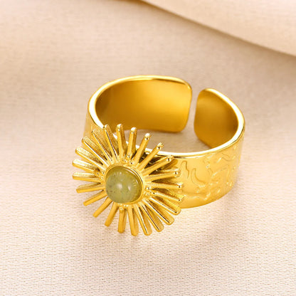 Wholesale Jewelry Elegant Classical Retro Sun 304 Stainless Steel Natural Stone Inlay Open Rings