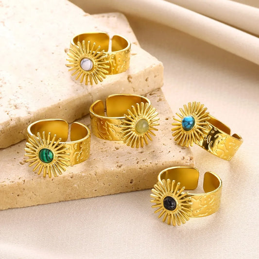 Wholesale Jewelry Elegant Classical Retro Sun 304 Stainless Steel Natural Stone Inlay Open Rings