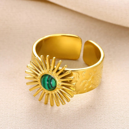 Wholesale Jewelry Elegant Classical Retro Sun 304 Stainless Steel Natural Stone Inlay Open Rings