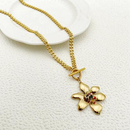 Wholesale Jewelry Elegant Classical Sweet Flower 304 Stainless Steel 14K Gold Plated Toggle Pendant Necklace