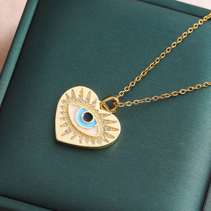 Wholesale Jewelry Elegant Cute Streetwear Devil'S Eye Heart Shape Eye 316 Stainless Steel  Brass Rhinestones Zircon 18K Gold Plated Inlay Pendant Necklace