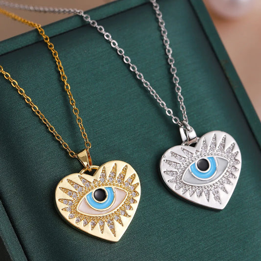 Wholesale Jewelry Elegant Cute Streetwear Devil'S Eye Heart Shape Eye 316 Stainless Steel  Brass Rhinestones Zircon 18K Gold Plated Inlay Pendant Necklace