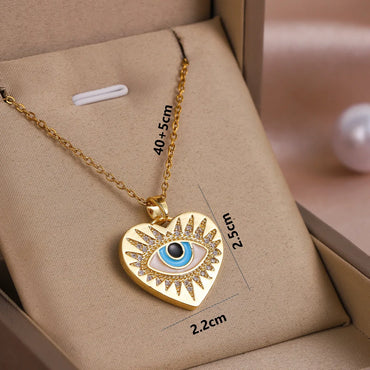 Wholesale Jewelry Elegant Cute Streetwear Devil'S Eye Heart Shape Eye 316 Stainless Steel  Brass Rhinestones Zircon 18K Gold Plated Inlay Pendant Necklace