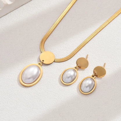 Wholesale Jewelry Elegant French Style Geometric Oval Water Droplets 201 Stainless Steel Plastic 18K Gold Plated Inlay Earrings Necklace Jewelry Set