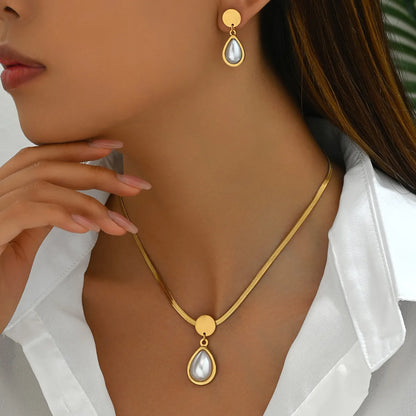 Wholesale Jewelry Elegant French Style Geometric Oval Water Droplets 201 Stainless Steel Plastic 18K Gold Plated Inlay Earrings Necklace Jewelry Set