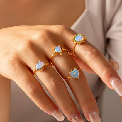 Wholesale Jewelry Elegant French Style Oval Water Droplets Heart Shape 304 Stainless Steel Rhinestones Opal 18K Gold Plated Plating Inlay Open Rings