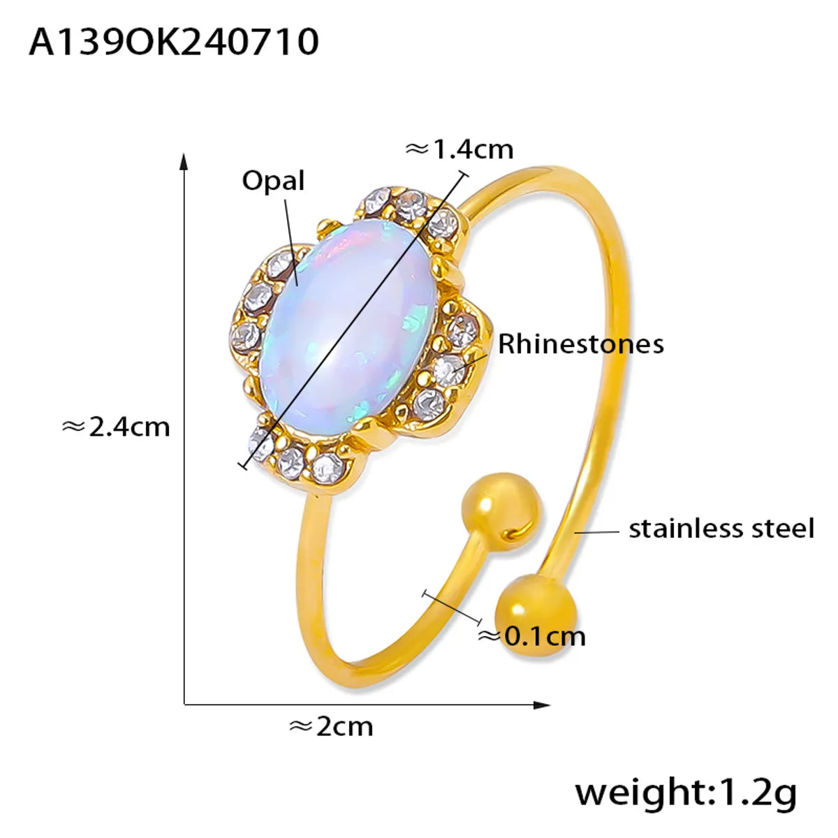 Wholesale Jewelry Elegant French Style Oval Water Droplets Heart Shape 304 Stainless Steel Rhinestones Opal 18K Gold Plated Plating Inlay Open Rings