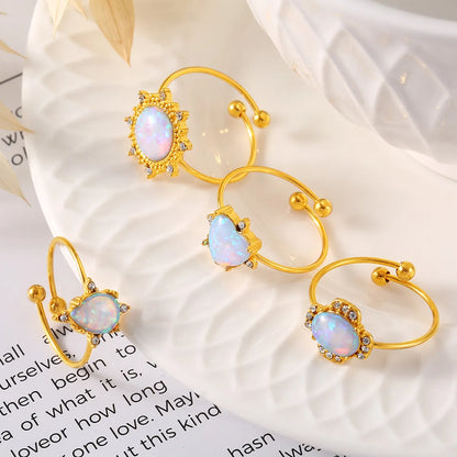 Wholesale Jewelry Elegant French Style Oval Water Droplets Heart Shape 304 Stainless Steel Rhinestones Opal 18K Gold Plated Plating Inlay Open Rings