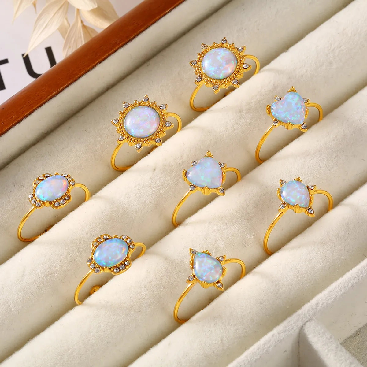 Wholesale Jewelry Elegant French Style Oval Water Droplets Heart Shape 304 Stainless Steel Rhinestones Opal 18K Gold Plated Plating Inlay Open Rings