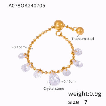 Wholesale Jewelry Elegant French Style Round Water Droplets 304 Stainless Steel 18K Gold Plated Crystal Chain Rings