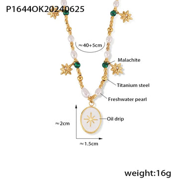 Wholesale Jewelry Elegant French Style Star Oval 304 Stainless Steel Malachite Freshwater Pearl Rhinestones 18K Gold Plated Beaded Enamel Inlay Pendant Necklace