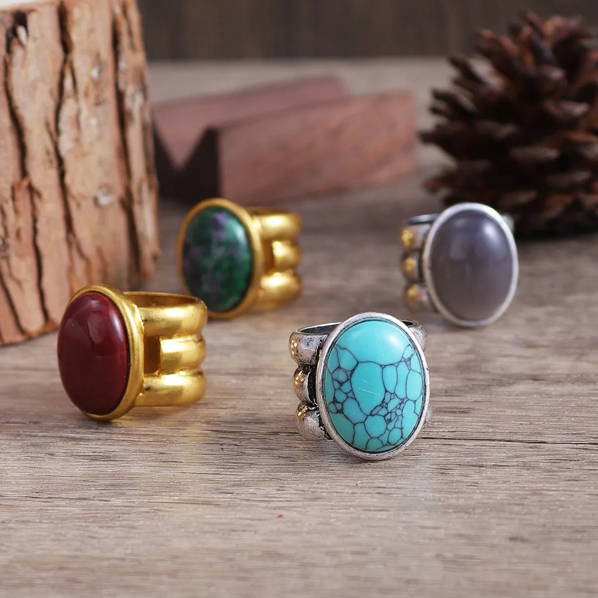 Wholesale Jewelry Elegant Glam Luxurious Oval Alloy Turquoise Inlay Wide Band Rings