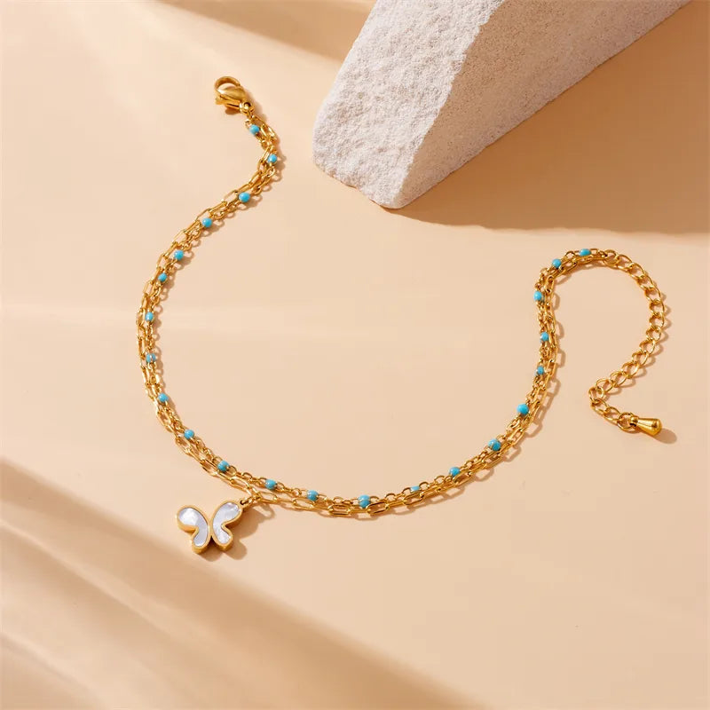 Wholesale Jewelry Elegant Hawaiian Streetwear Parthenocissus Grass Flower Butterfly 304 Stainless Steel Shell 18K Gold Plated Inlay Anklet