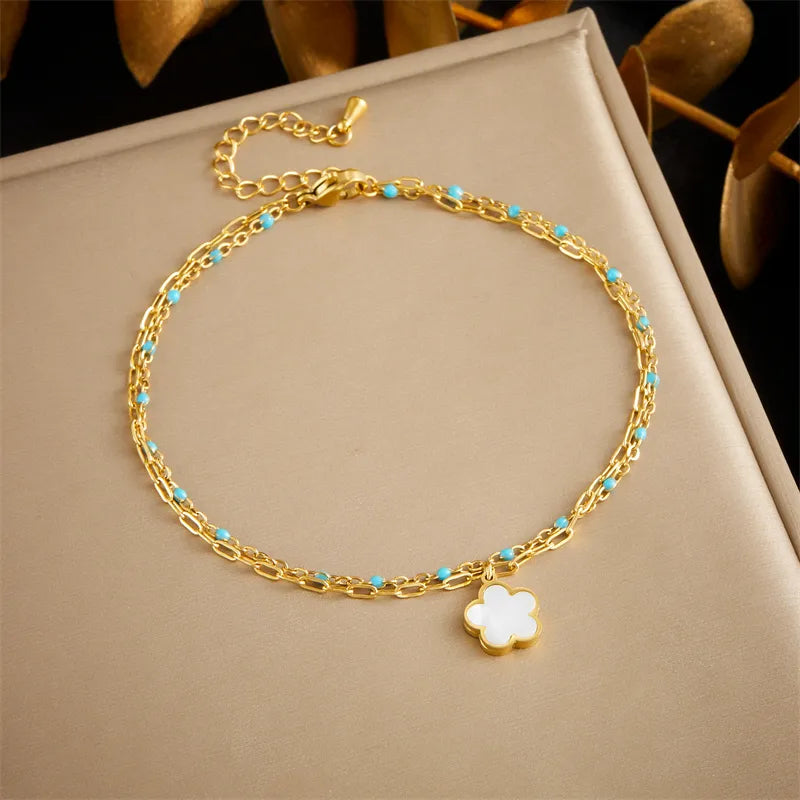 Wholesale Jewelry Elegant Hawaiian Streetwear Parthenocissus Grass Flower Butterfly 304 Stainless Steel Shell 18K Gold Plated Inlay Anklet