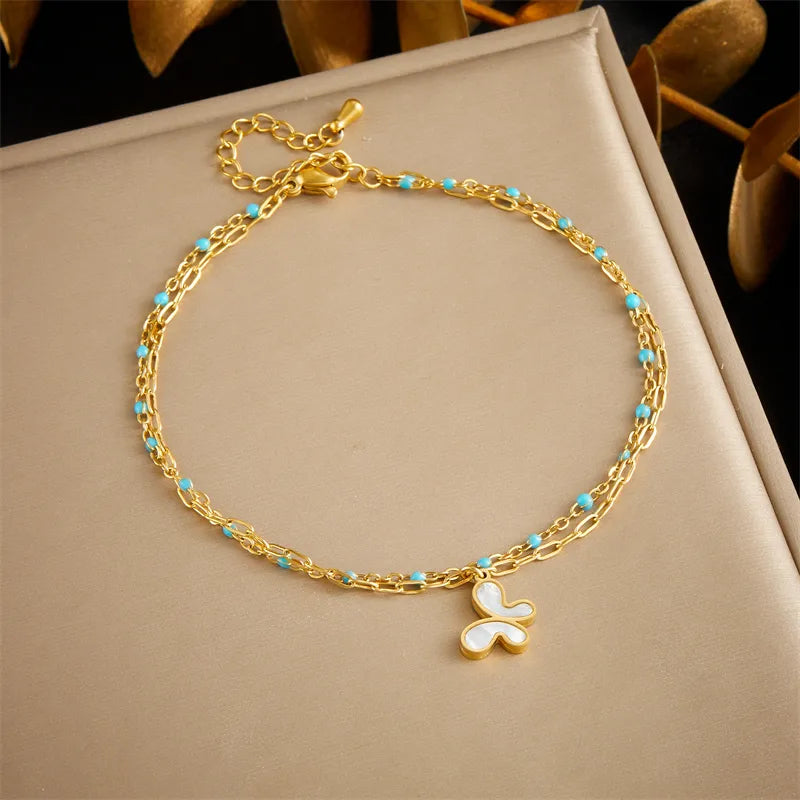 Wholesale Jewelry Elegant Hawaiian Streetwear Parthenocissus Grass Flower Butterfly 304 Stainless Steel Shell 18K Gold Plated Inlay Anklet