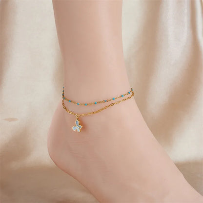 Wholesale Jewelry Elegant Hawaiian Streetwear Parthenocissus Grass Flower Butterfly 304 Stainless Steel Shell 18K Gold Plated Inlay Anklet