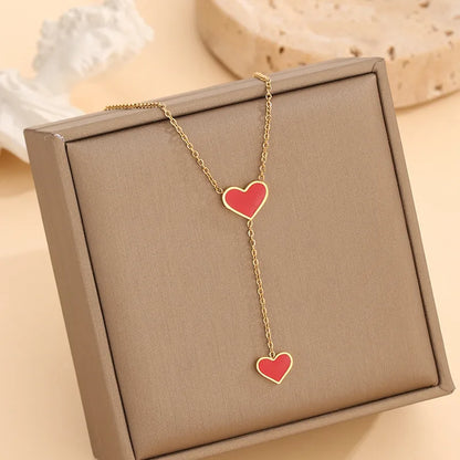 Wholesale Jewelry Elegant Heart Shape 304 Stainless Steel Zircon Gold Plated Enamel Inlay Earrings Necklace Jewelry Set