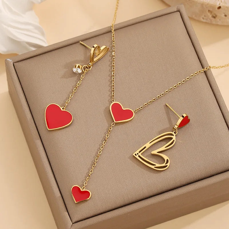 Wholesale Jewelry Elegant Heart Shape 304 Stainless Steel Zircon Gold Plated Enamel Inlay Earrings Necklace Jewelry Set