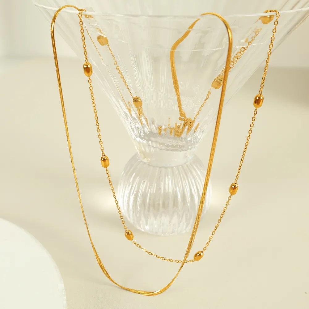 Wholesale Jewelry Elegant IG Style Solid Color Pea 304 Stainless Steel 18K Gold Plated Polishing Double Layer Necklaces