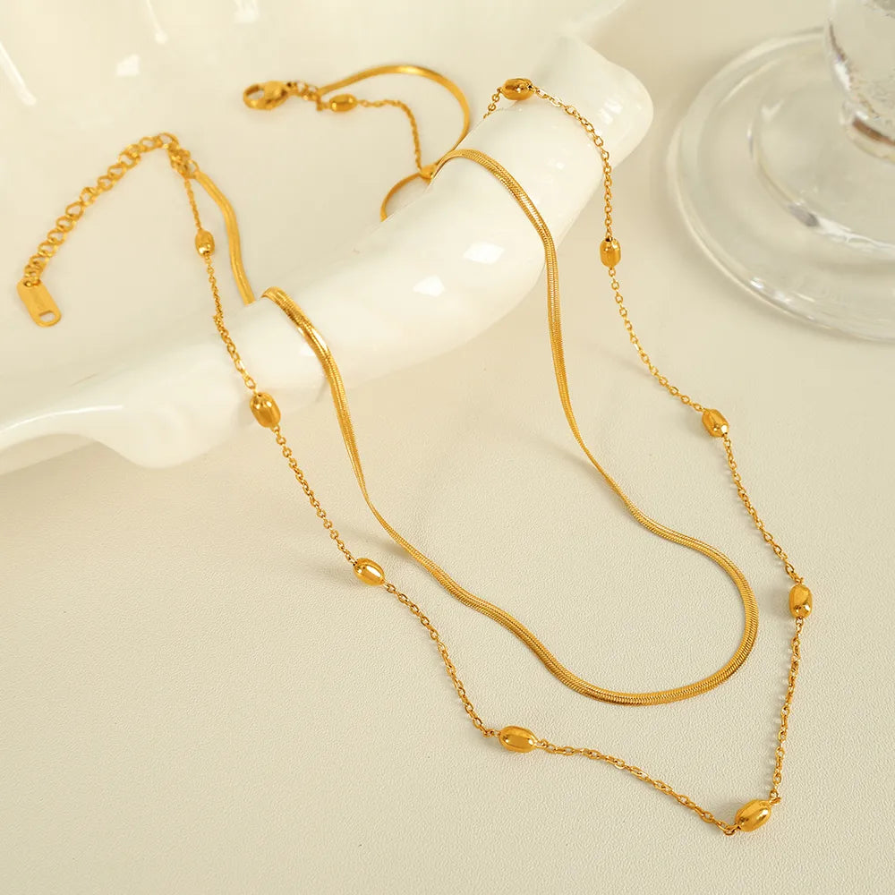 Wholesale Jewelry Elegant IG Style Solid Color Pea 304 Stainless Steel 18K Gold Plated Polishing Double Layer Necklaces