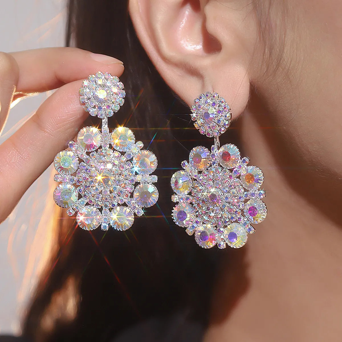 Wholesale Jewelry Elegant Lady Flower Alloy Rhinestones Silver Plated Plating Inlay Drop Earrings