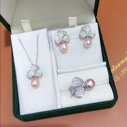 Wholesale Jewelry Elegant Lady Geometric Copper Freshwater Pearl Zircon Inlay Pendant Necklace Open Rings Drop Earrings