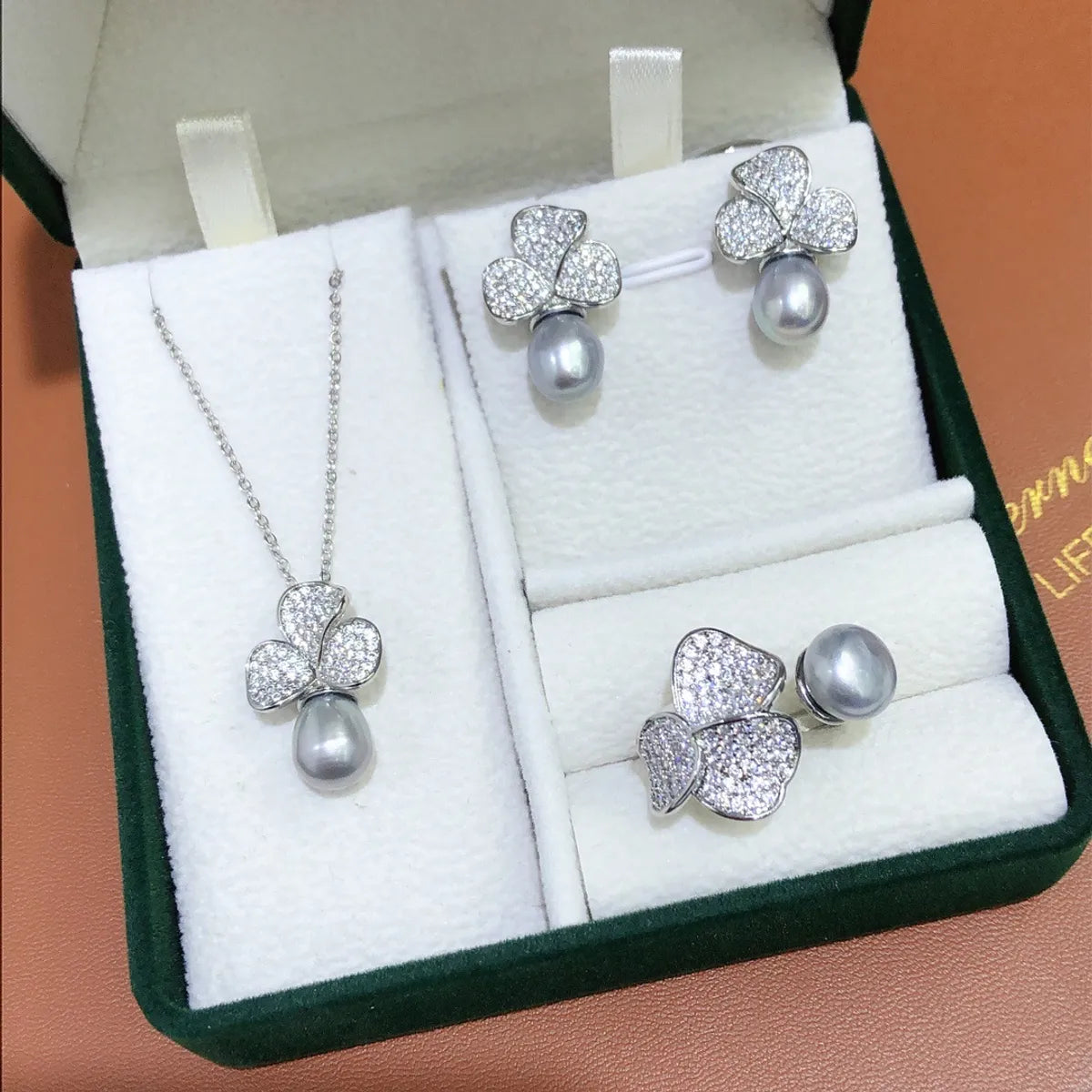 Wholesale Jewelry Elegant Lady Geometric Copper Freshwater Pearl Zircon Inlay Pendant Necklace Open Rings Drop Earrings