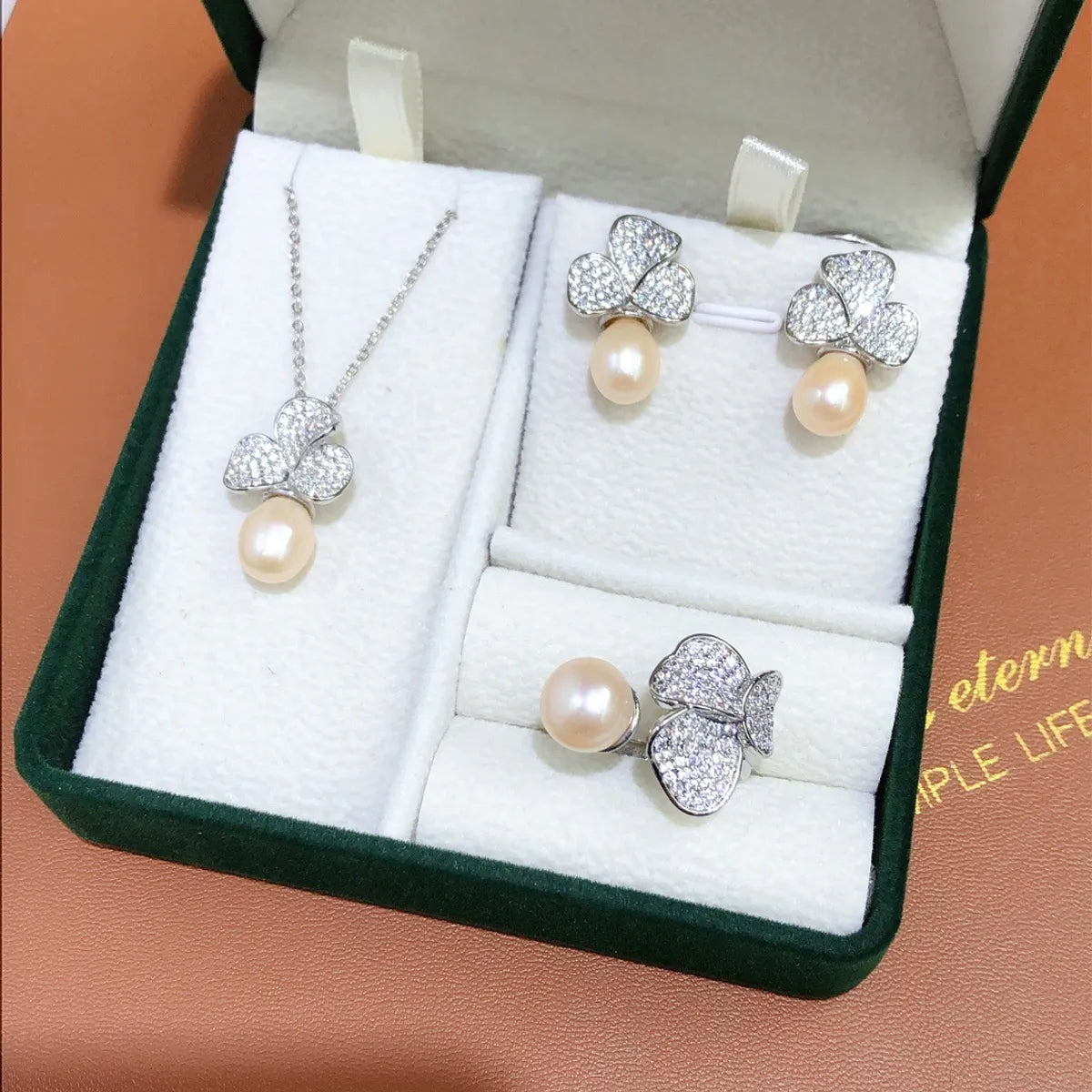 Wholesale Jewelry Elegant Lady Geometric Copper Freshwater Pearl Zircon Inlay Pendant Necklace Open Rings Drop Earrings