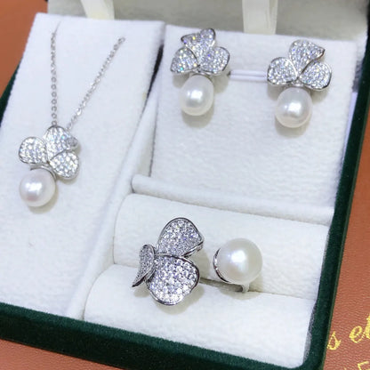 Wholesale Jewelry Elegant Lady Geometric Copper Freshwater Pearl Zircon Inlay Pendant Necklace Open Rings Drop Earrings