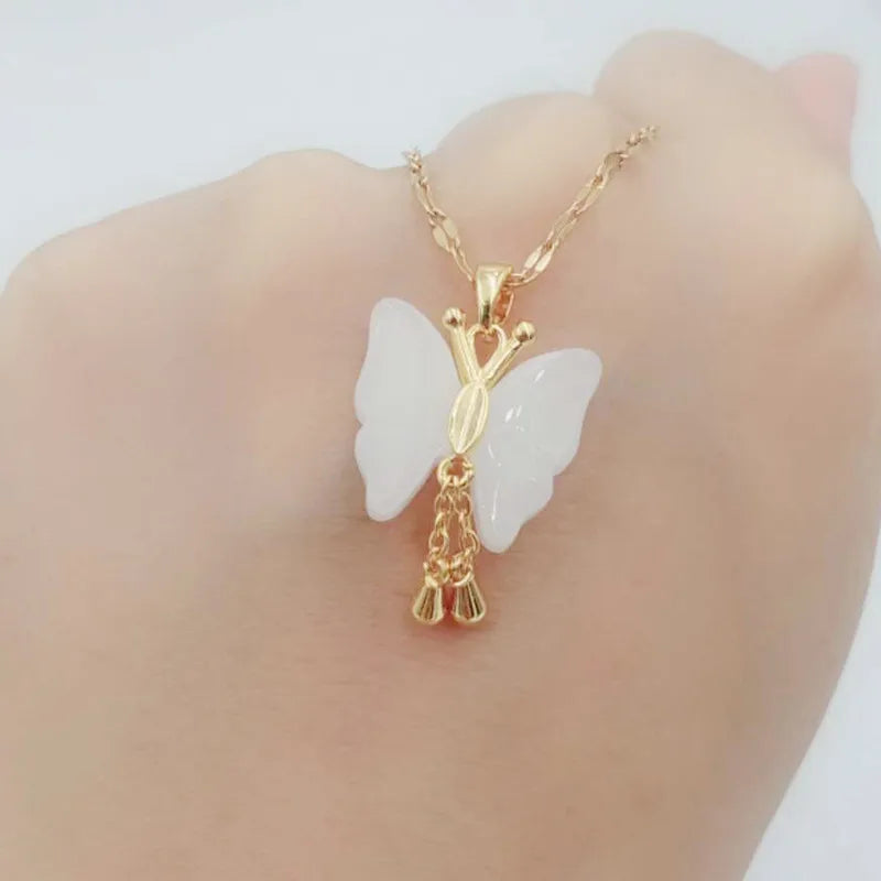 Wholesale Jewelry Elegant Lady Streetwear Butterfly Artificial Crystal Titanium Steel Inlaid Crystal Pendant Necklace