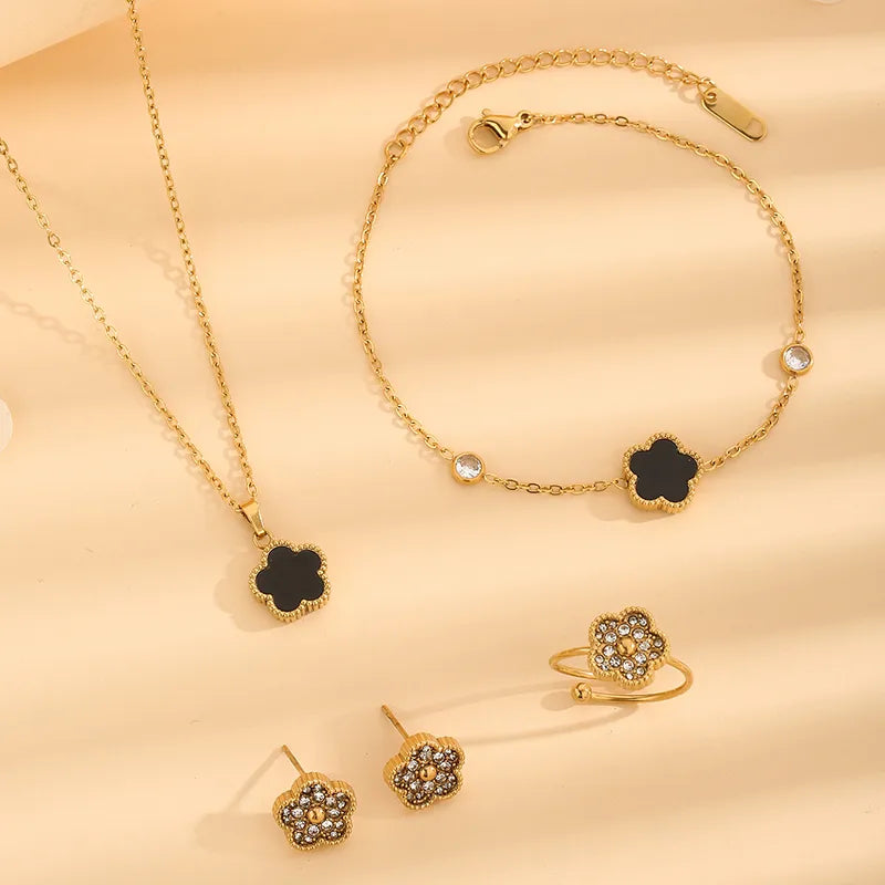 Wholesale Jewelry Elegant Luxurious Flower 304 Stainless Steel Rhinestones 18K Gold Plated Inlay Jewelry Set