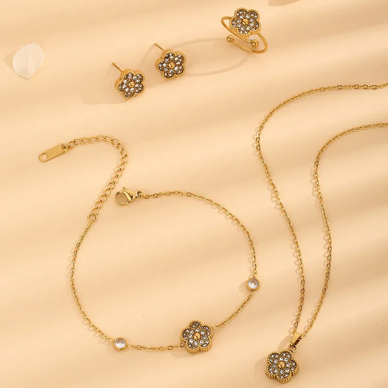 Wholesale Jewelry Elegant Luxurious Flower 304 Stainless Steel Rhinestones 18K Gold Plated Inlay Jewelry Set