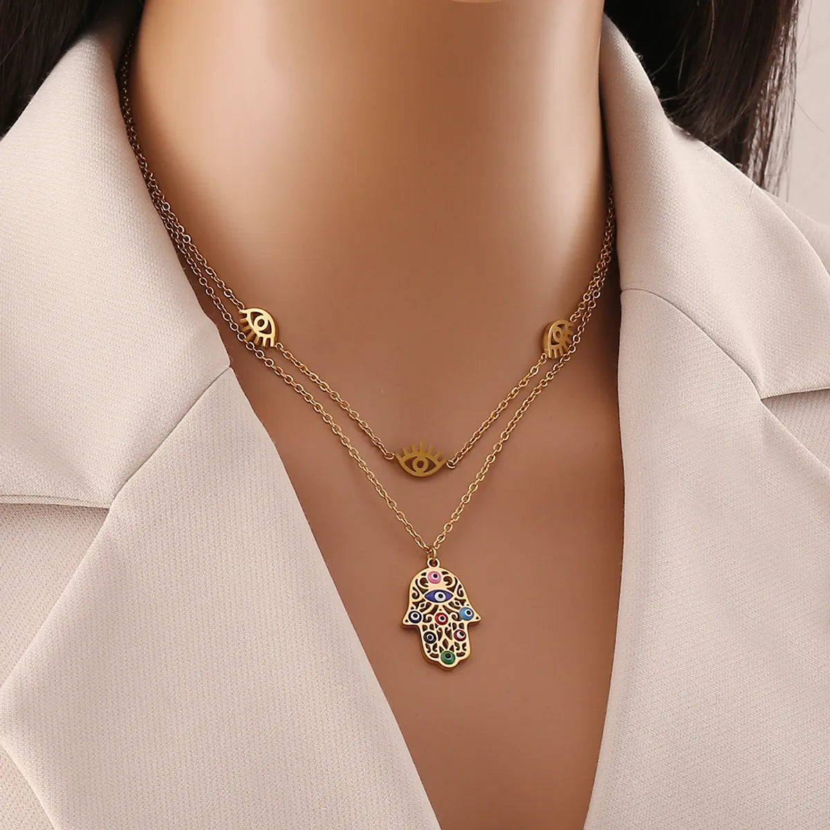 Wholesale Jewelry Elegant Luxurious Palm 304 Stainless Steel Zircon 18K Gold Plated Enamel Plating Inlay Double Layer Necklaces