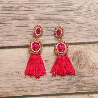 1 Pair Elegant Luxurious Simple Style Round Tassel Inlay Alloy Rhinestones Drop Earrings