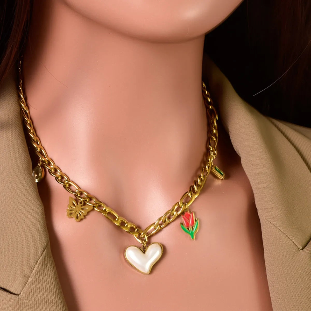 Wholesale Jewelry Elegant Modern Style Geometric Heart Shape 304 Stainless Steel Artificial Pearls Turquoise 18K Gold Plated Plating Inlay Pendant Necklace