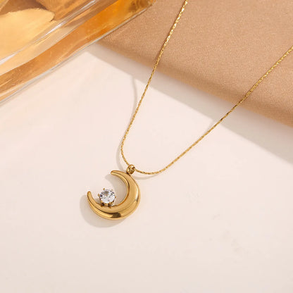 Wholesale Jewelry Elegant Moon 304 Stainless Steel Zircon Gold Plated Inlay Pendant Necklace