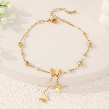 Wholesale Jewelry Elegant Pastoral Butterfly 304 Stainless Steel Artificial Crystal 18K Gold Plated Plating Inlay Anklet