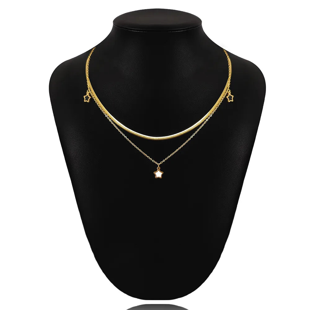 Wholesale Jewelry Elegant Pentagram 304 Stainless Steel Shell Gold Plated Inlay Double Layer Necklaces