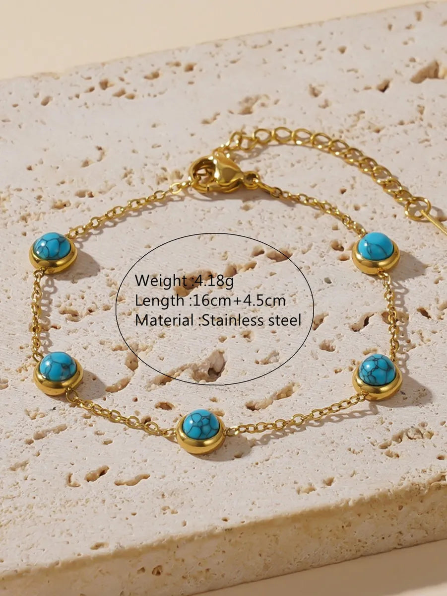 Wholesale Jewelry Elegant Retro Round 304 Stainless Steel Plastic Turquoise 18K Gold Plated Plating Chain Inlay Bracelets Ear Studs Necklace