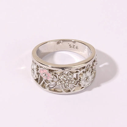 Wholesale Jewelry Elegant Romantic Sweet Flower Alloy Zircon Rhodium Plated Hollow Out Inlay Rings