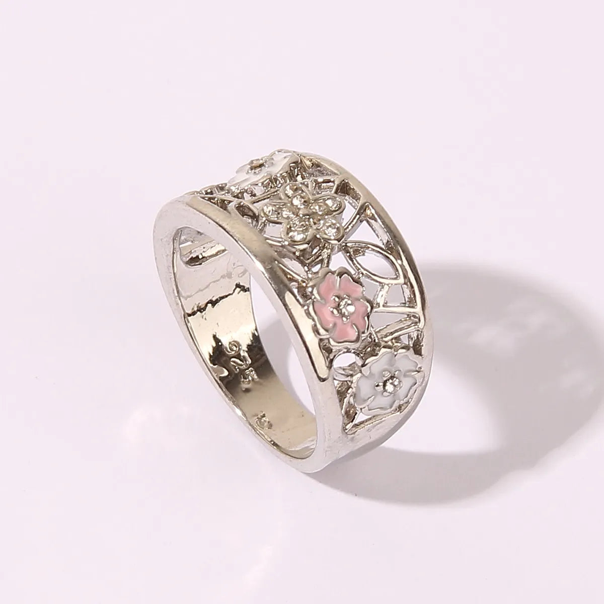 Wholesale Jewelry Elegant Romantic Sweet Flower Alloy Zircon Rhodium Plated Hollow Out Inlay Rings