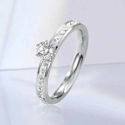 Wholesale Jewelry Elegant Round 304 Stainless Steel Zircon White Gold Plated Inlay Rings