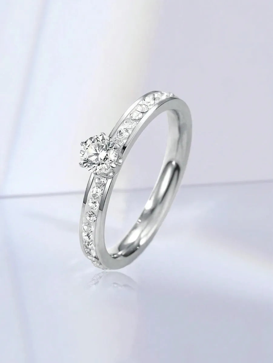 Wholesale Jewelry Elegant Round 304 Stainless Steel Zircon White Gold Plated Inlay Rings