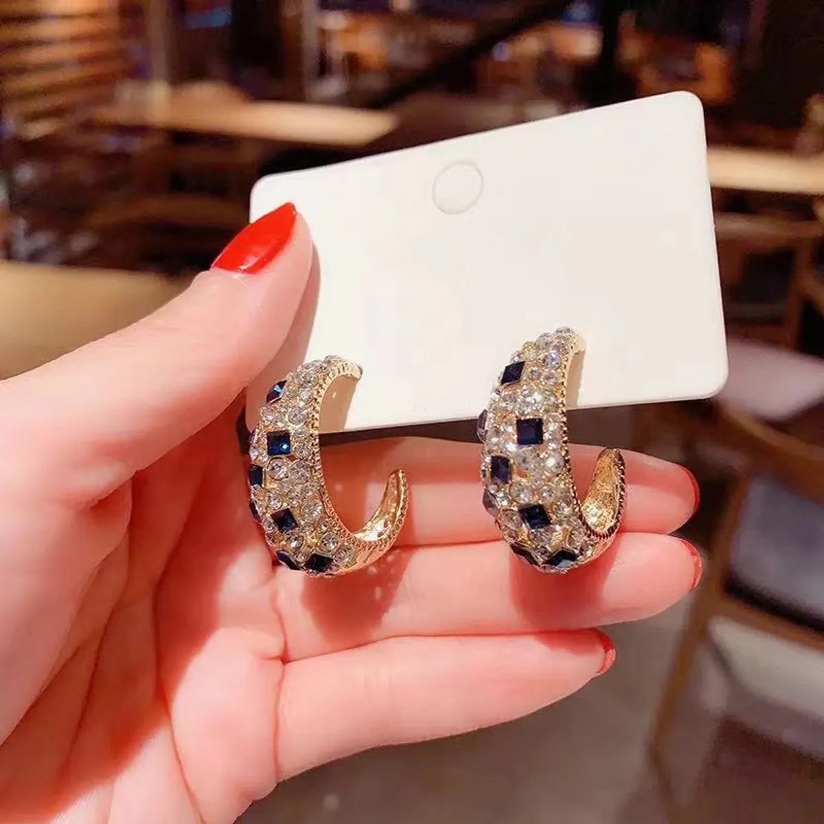 1 Pair Elegant Shiny C Shape Plating Inlay Alloy Artificial Gemstones Gold Plated Ear Studs