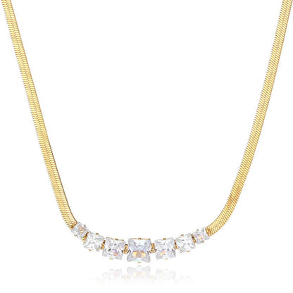 Wholesale Jewelry Elegant Shiny Square 304 Stainless Steel Zircon Gold Plated Inlay Necklace