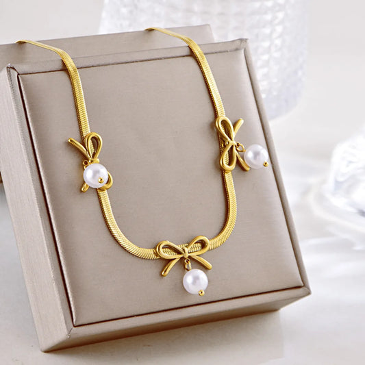 Wholesale Jewelry Elegant Simple Style Bow Knot 304 Stainless Steel Imitation Pearl 18K Gold Plated Pendant Necklace