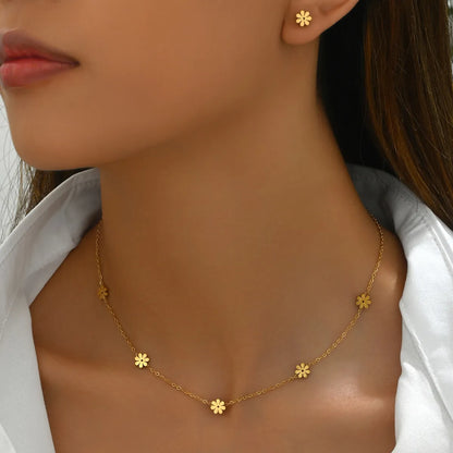 Wholesale Jewelry Elegant Simple Style Commute Flower 201 Stainless Steel 18K Gold Plated Earrings Necklace Jewelry Set