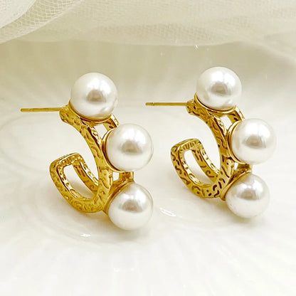 Wholesale Jewelry Elegant Simple Style Flower 304 Stainless Steel Pearl 14K Gold Plated Plating Inlay Earrings