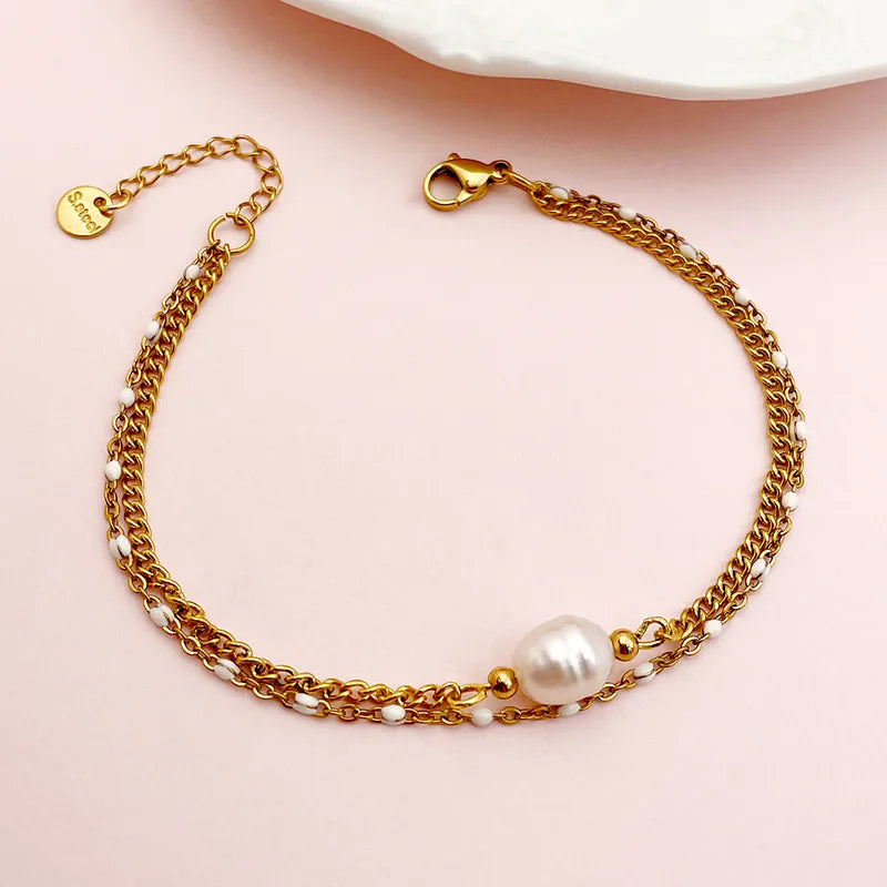 Wholesale Jewelry Elegant Simple Style Geometric 304 Stainless Steel Natural Stone Freshwater Pearl 14K Gold Plated Bracelets