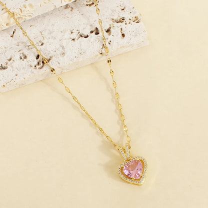 Wholesale Jewelry Elegant Simple Style Heart Shape 304 Stainless Steel Artificial Gemstones 18K Gold Plated Plating Inlay Pendant Necklace